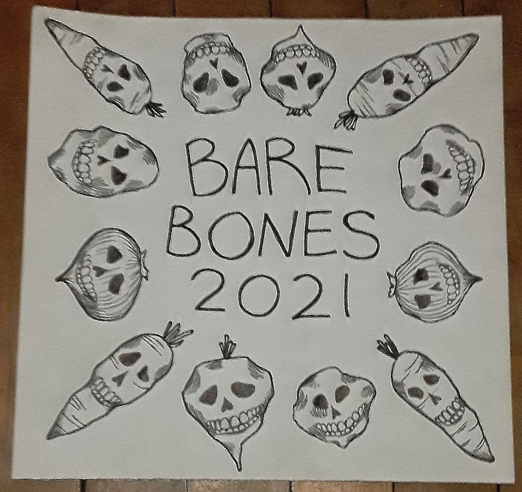 a screen print on white fabric of root vegetables around the words BareBones 2021