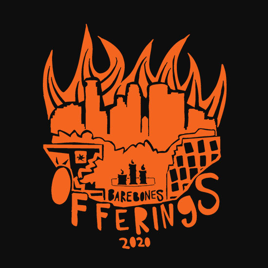 An Ilustration of the Minneapolis skyline on fire with the words "Offerings 2020."