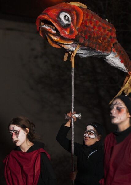 Fish puppet by Mark Safford during a performance. BareBones Extravaganza 2022. Photo by Paul Irmiter.
