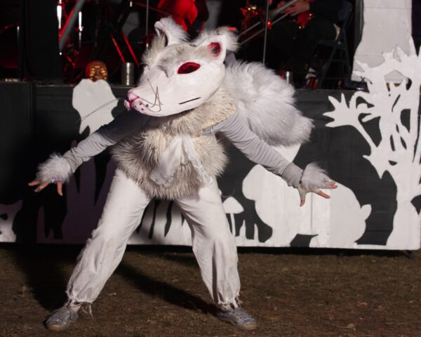 Spaz the Squirrel (mask and costume by Mina Leierwood) performed by Mina Leierwood. BareBones Extravaganza 2022. Photo by Paul Irmiter. 