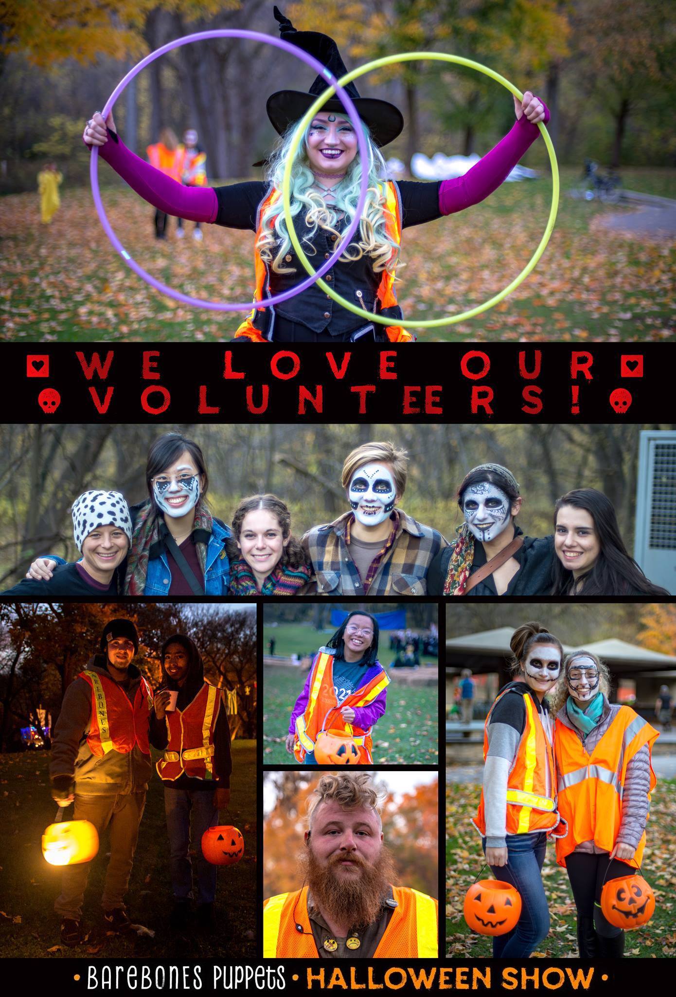 A collage of volunteers at a BareBones show.